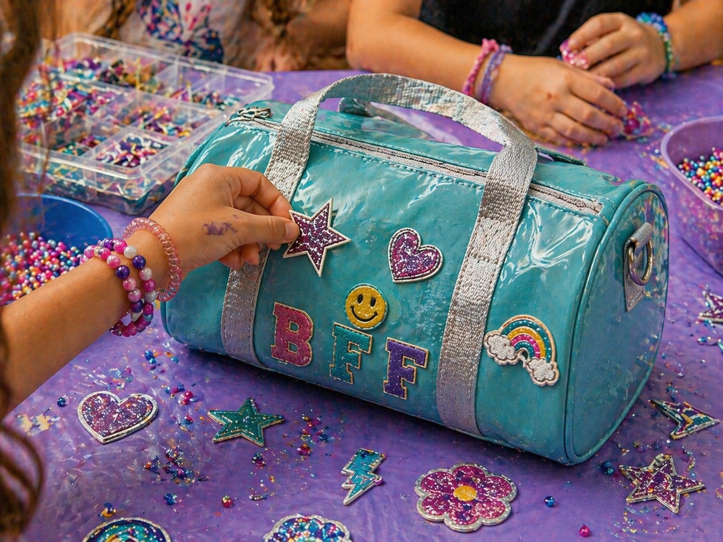 Pink slumber party bag with colorful glitter letters spelling CHARLOTTE and decorative butterflies.