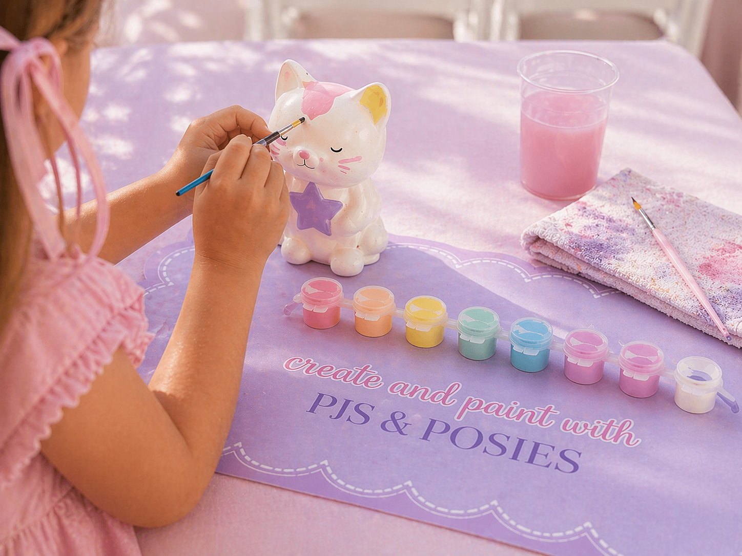 Child wearing pink and white clothing painting a ceramic character with a paintbrush at a crafting table.
