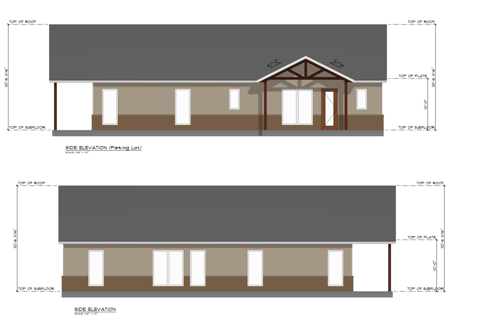 Architectural drawings showing side elevation views of a single-story house with a grey gable roof, beige walls, multiple windows, and a small porch with a wooden door and truss detail.