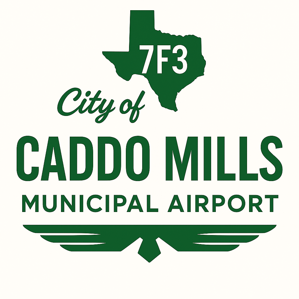 Logo for Caddo Mills, Texas, City of Caddo Mills Municipal Airport, featuring a map of Texas with the code 7F3 and stylized wings.