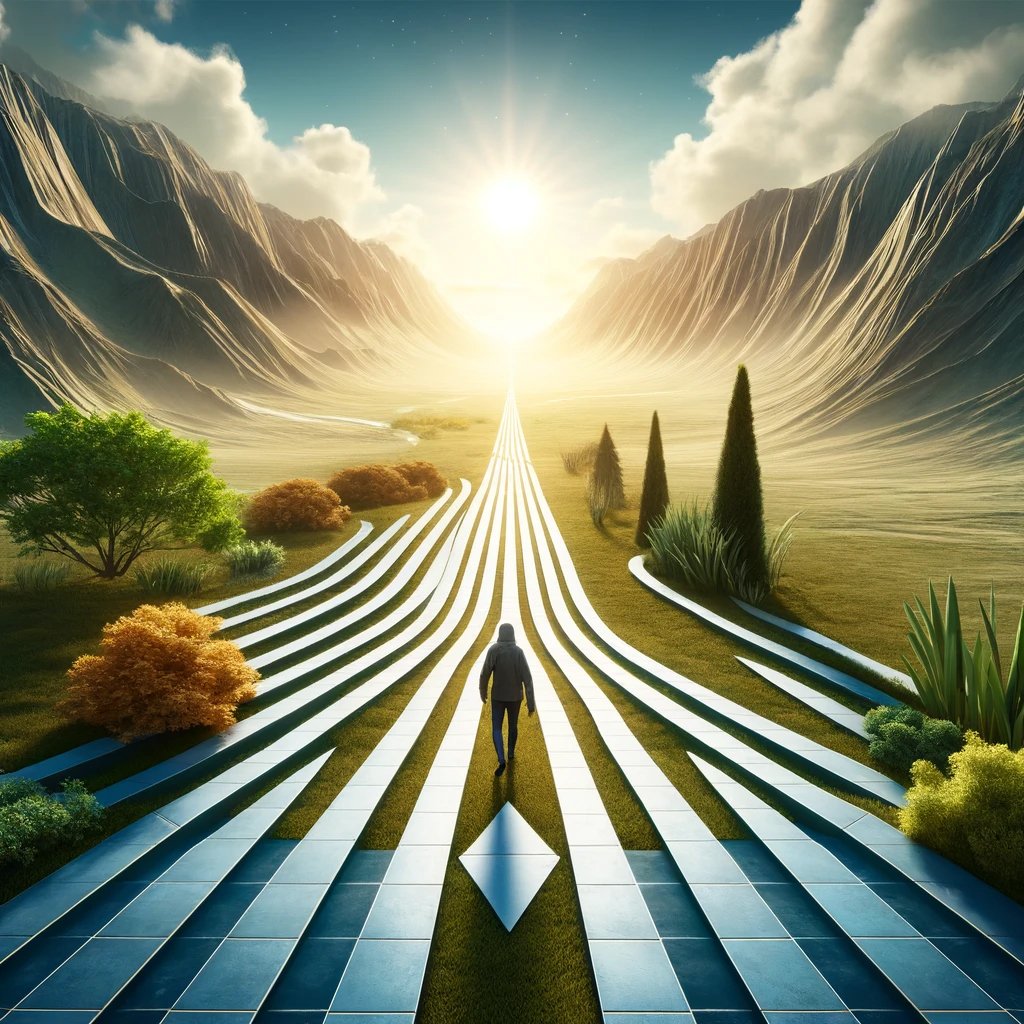 DALL·E 2024-04-01 22.34.54 - a square image featuring a hyper-realistic landscape with a clear path marked by subtle arrows, symbolizing a journey of self-improvement. In this set.jpg