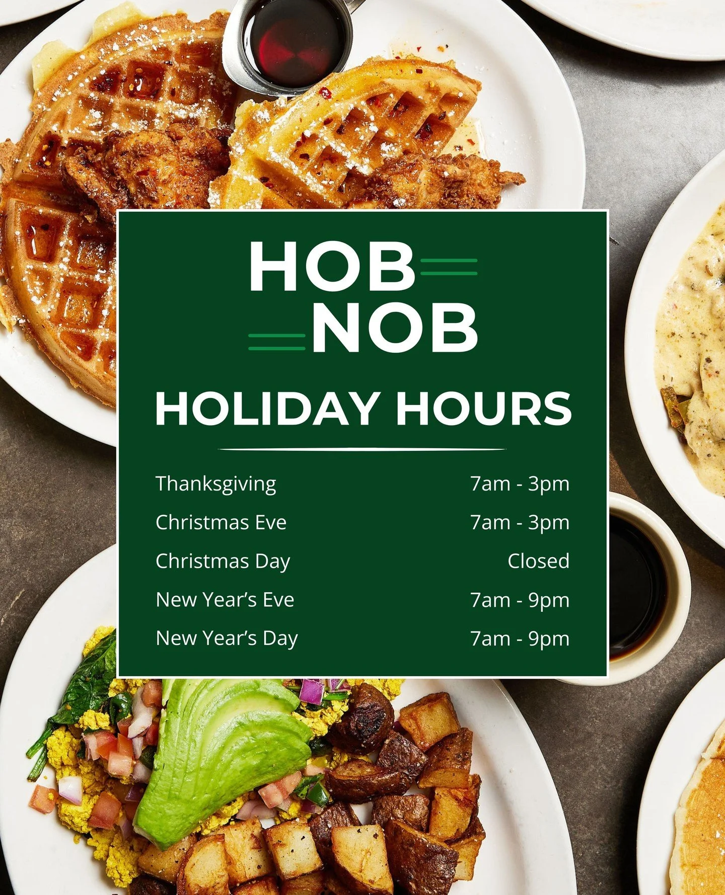 The holidays are near!!⁠
⁠
Our hours are set and we've got some extra special holiday meals ready to bring some cheer to your plate (/glass)! Huzzah!! 💚✨️