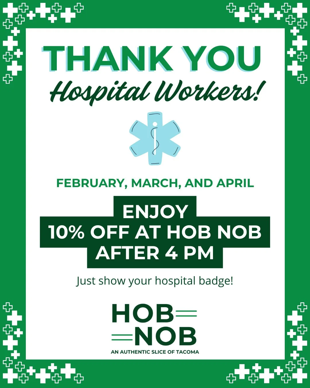 To the folks showing up day after day and caring for our community when it matters most, we see you! 👀⁠
⁠
Hospital workers get 10% off after 4PM all February, March, and April. Show your badge and let us take care of you for a bit ✨️🍻🍳🍔💚