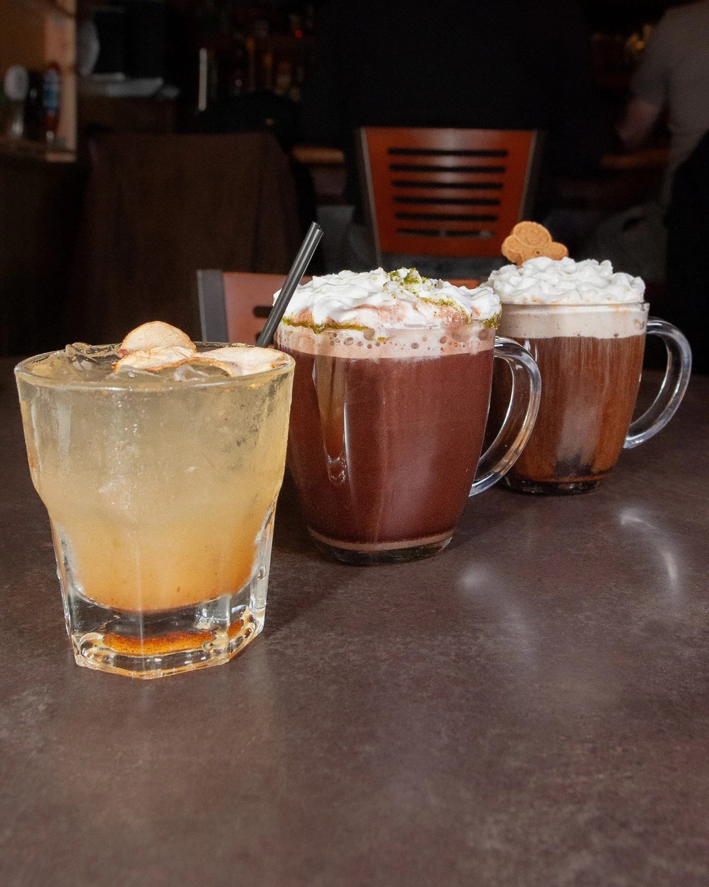 Brrrr!! There's nothing like a boozy and/or hot drink to warm you up on days like today. Come cozy up with one of our winter cocktails!⁠
⁠
🍐 Frosted Pear⁠
Honey bourbon, pear brandy, lemon juice, and spices, topped with sparkling hard cider⁠
⁠
☕️ Pe