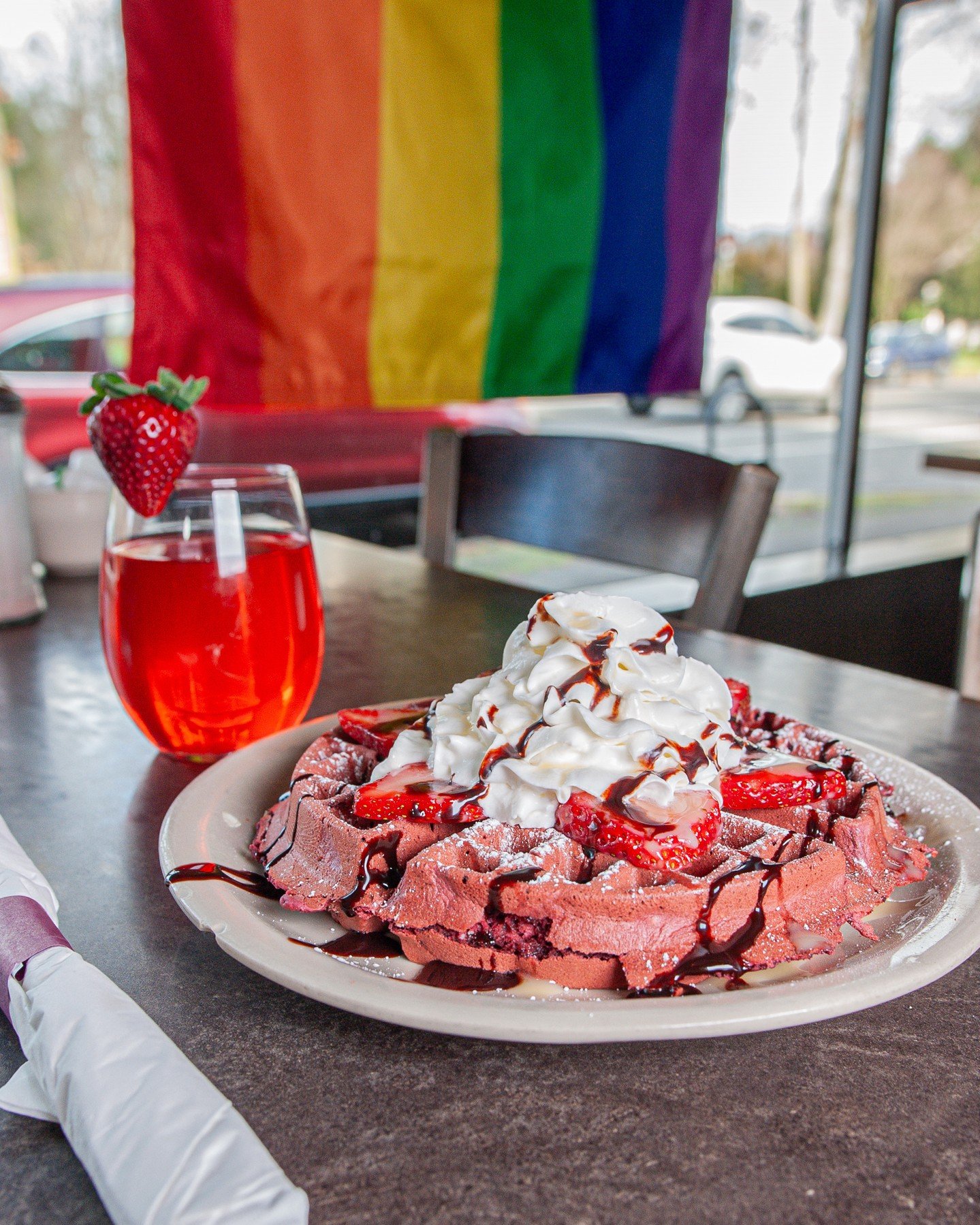 Come get in the lovey-dovey spirit with us over a Red Velvet Waffle. Topped with strawberries, whipped cream, and a chocolate drizzle⁠ - these cuties are available all weekend long.⁠
⁠
Plus, check out these V-Day specials and drinkies that really swe