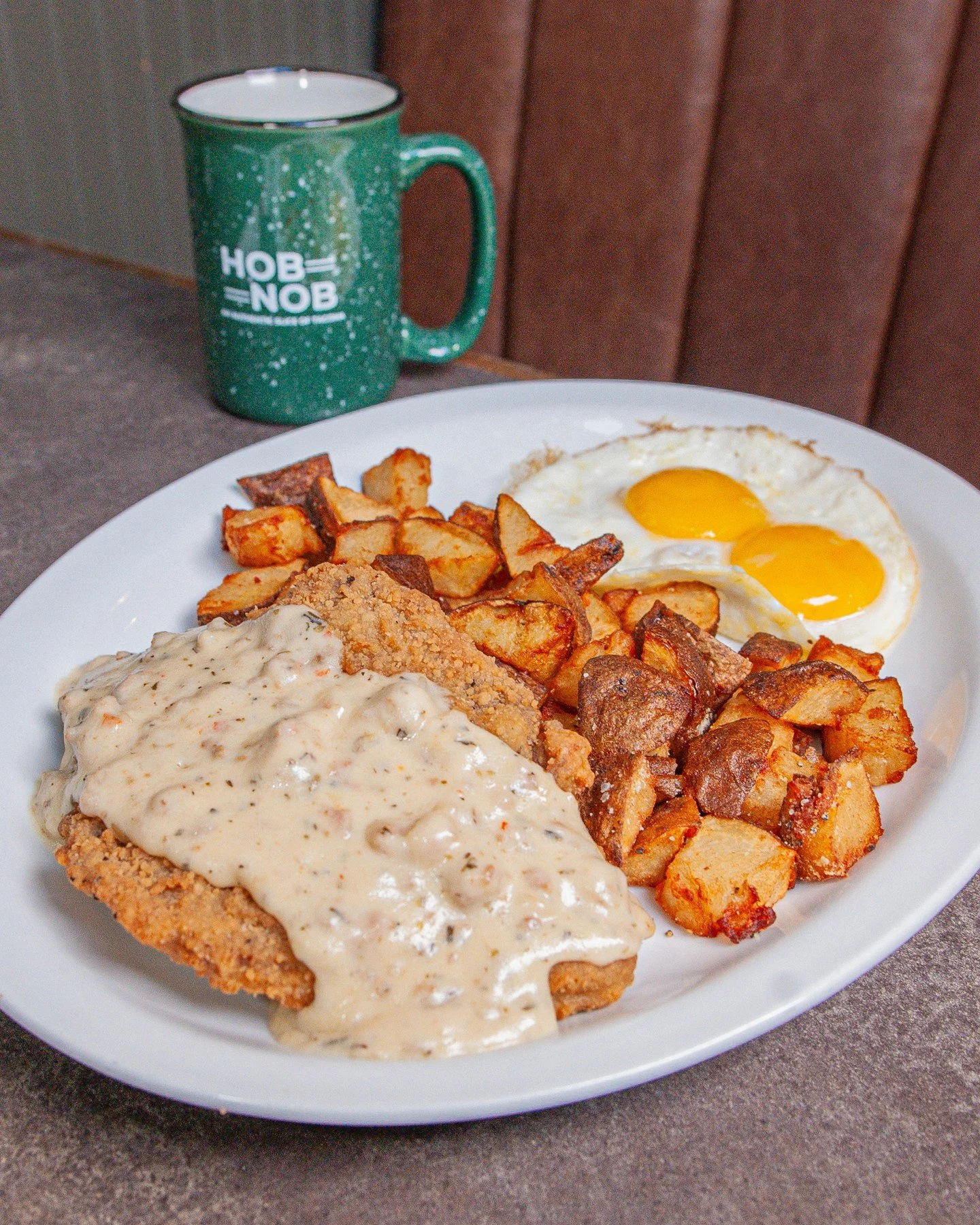 Fried beef steak smothered in our country gravy. Crispy, savory, and downright comforting. It's no wonder it&rsquo;s a house favorite! Come grab a Chicken Fried Steak and a fork and settle in 😋