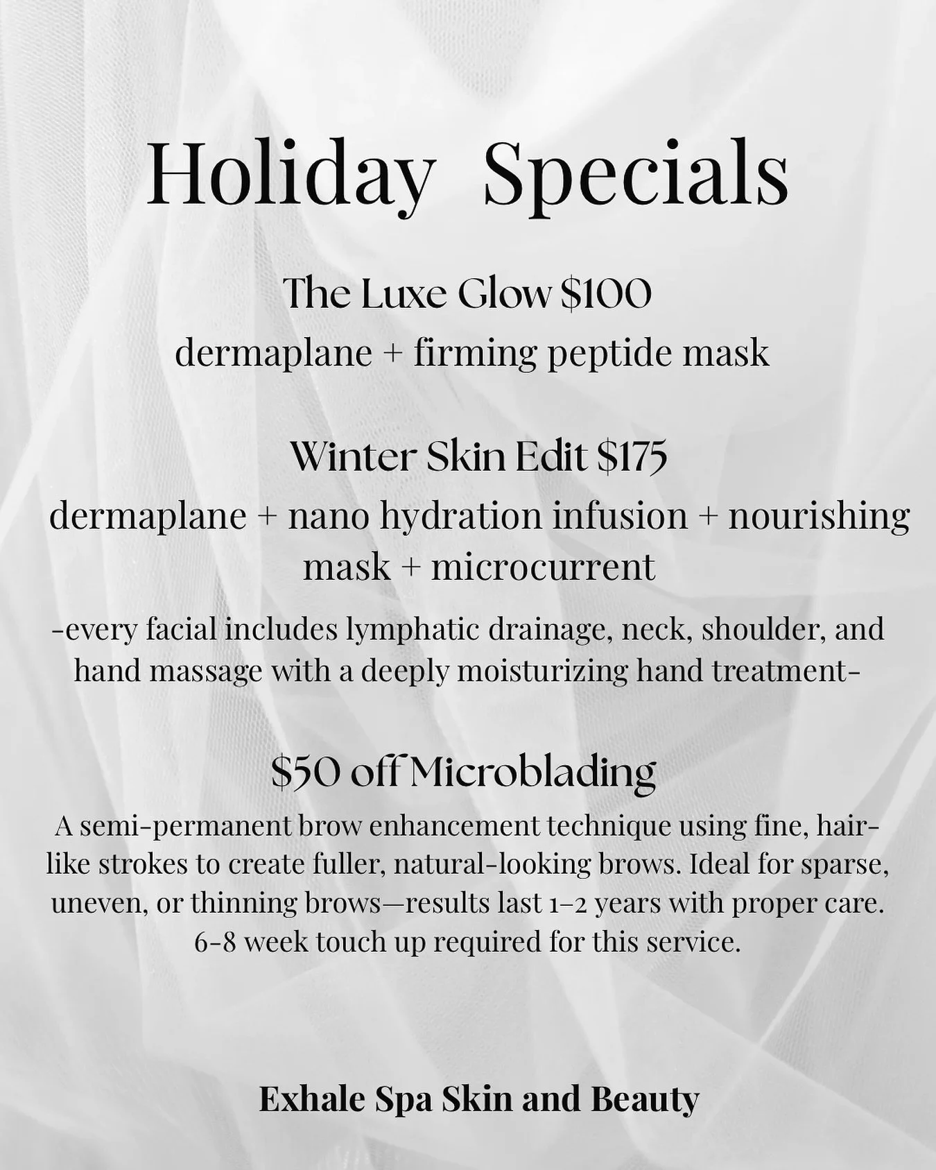 This season, indulge in results 🪞

&mdash; Luxe Glow Facial ✨

The perfect reset featuring a dermaplane to gently exfoliate and remove &ldquo;peach fuzz&rdquo;, and a firming peptide mask to sculpt, smooth and hydrate. This facial includes lymphatic