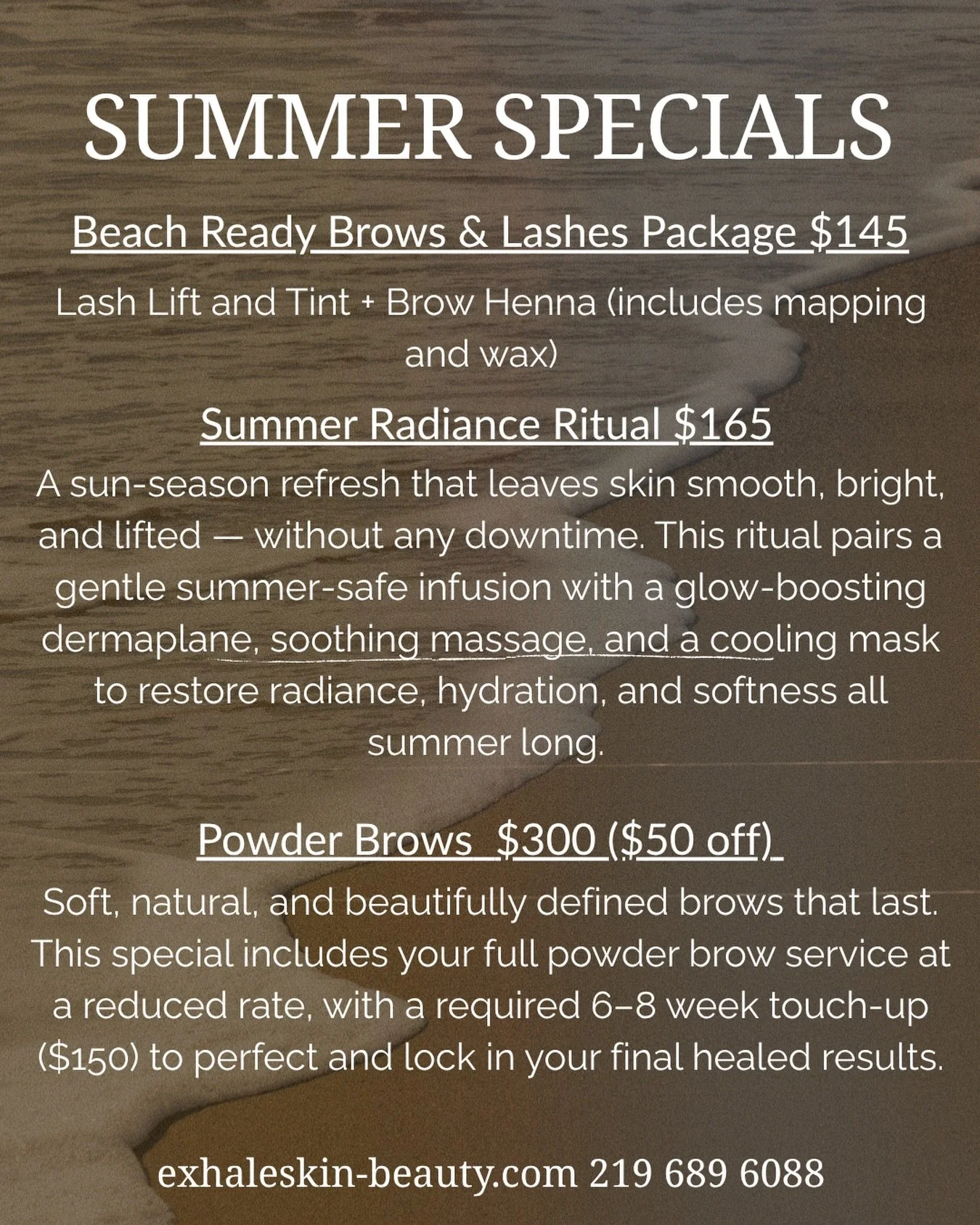 🌞 Summer is calling... and so is self-care! Treat yourself to our limited-time Summer Specials and glow all season ✨

Beach Ready Brows and Lashes-
Lash lift and tint to lift and curl lashes. Includes tint to enhance lashes. Brow henna promotes hair