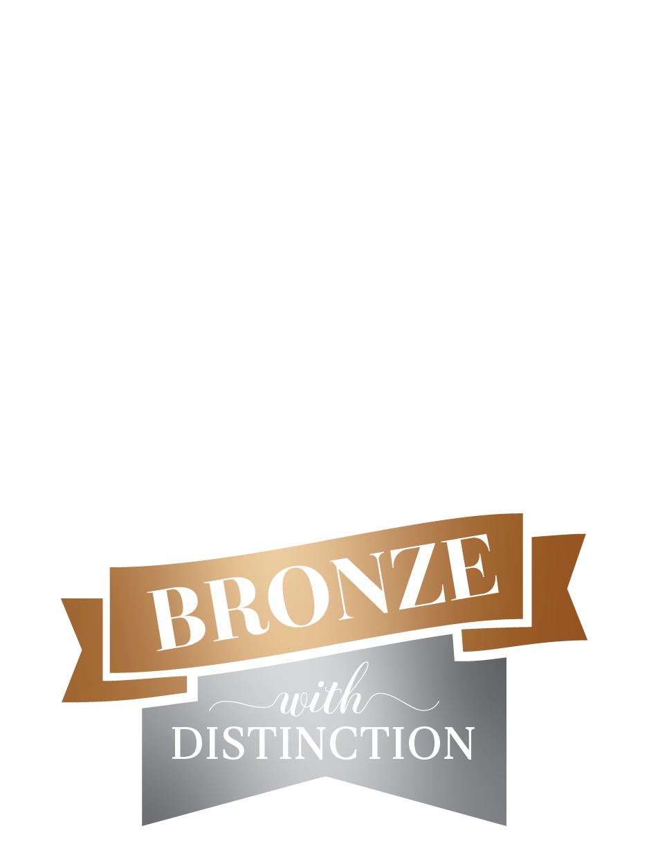 Bronze with distinction award badge with brown and gray ribbon banner.
