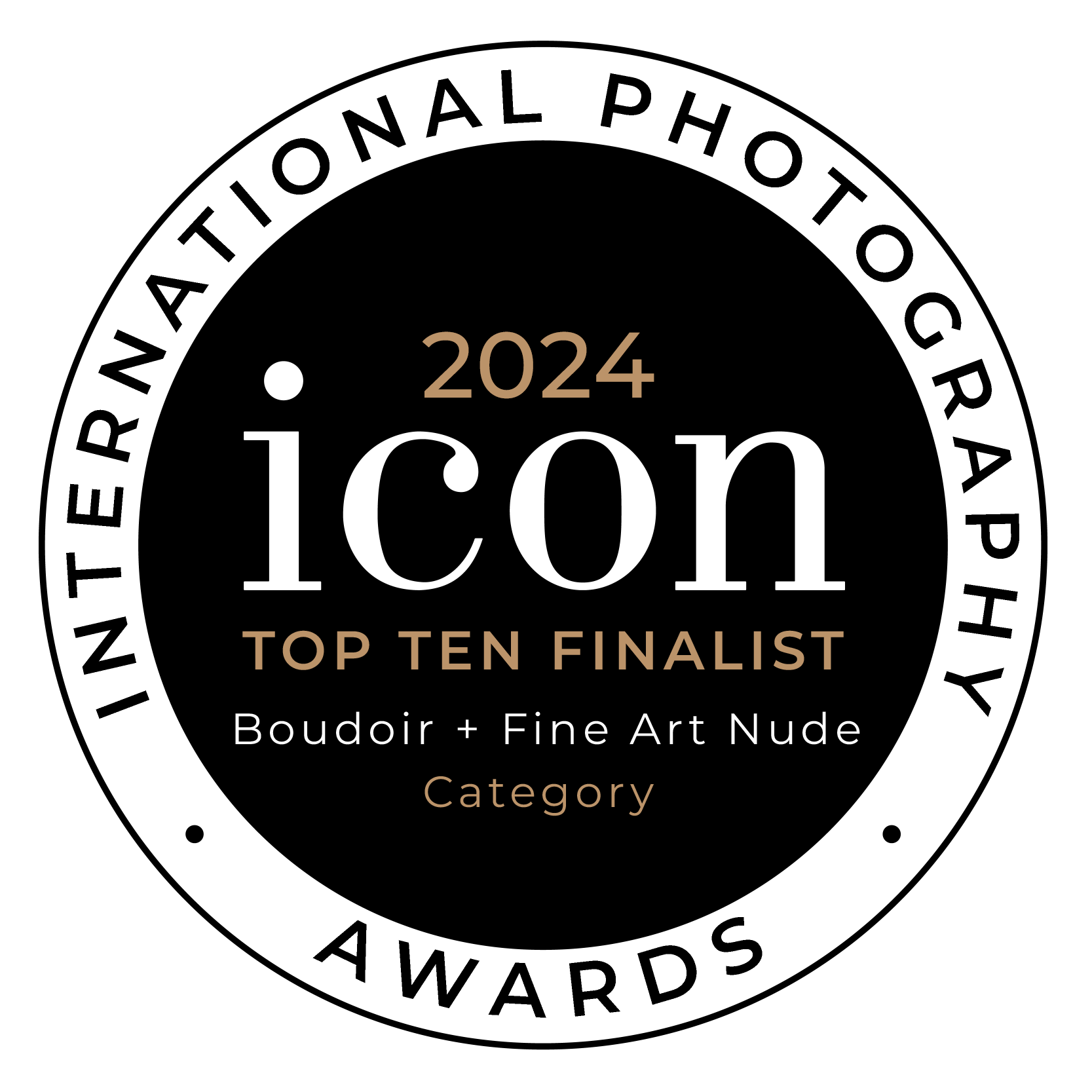 A circular badge with the text "2024 icon Top Ten Finalist Boudoir + Fine Art Nude Category" and the outer ring reading "International Photography Awards".