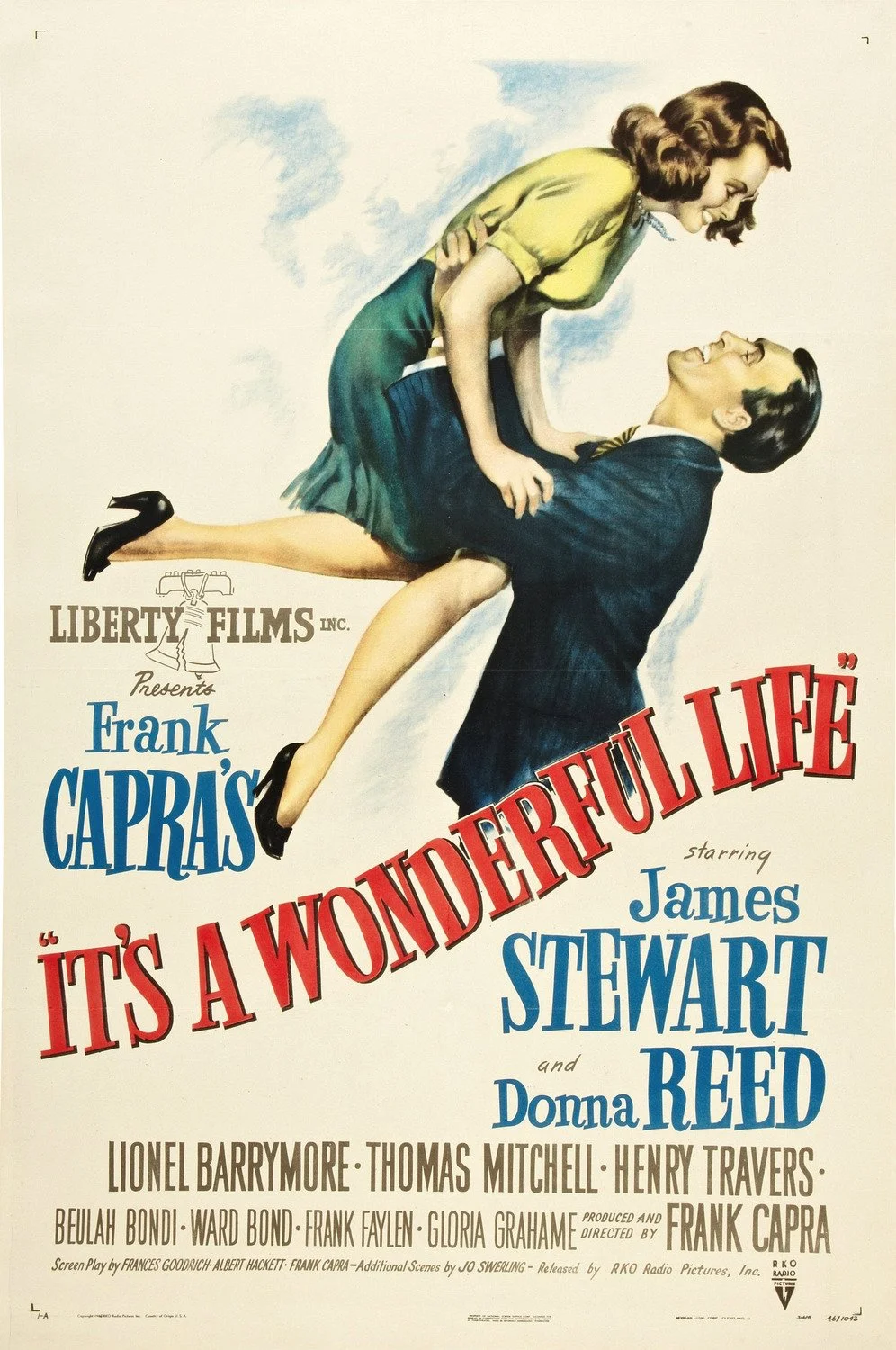 Vintage movie poster for 'It's a Wonderful Life' showing a man lifting a woman in the air, both smiling, with colorful text and credits.