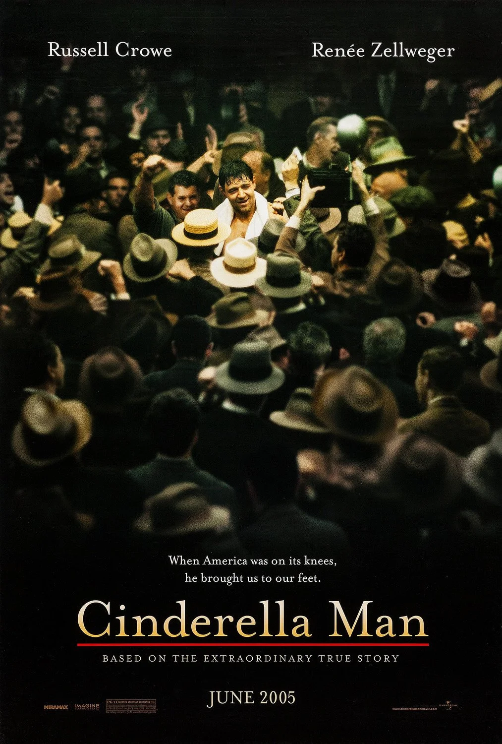 Movie poster for 'Cinderella Man' featuring a crowd of people wearing hats and suits, with Russell Crowe in the center, smiling and waving. The poster includes text about the film and its release date, June 2005.