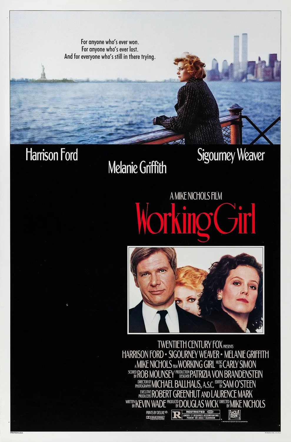 Movie poster for 'Working Girl' featuring photos of Harrison Ford, Sigourney Weaver, and Melanie Griffith. The poster includes images of New York City and the Statue of Liberty.