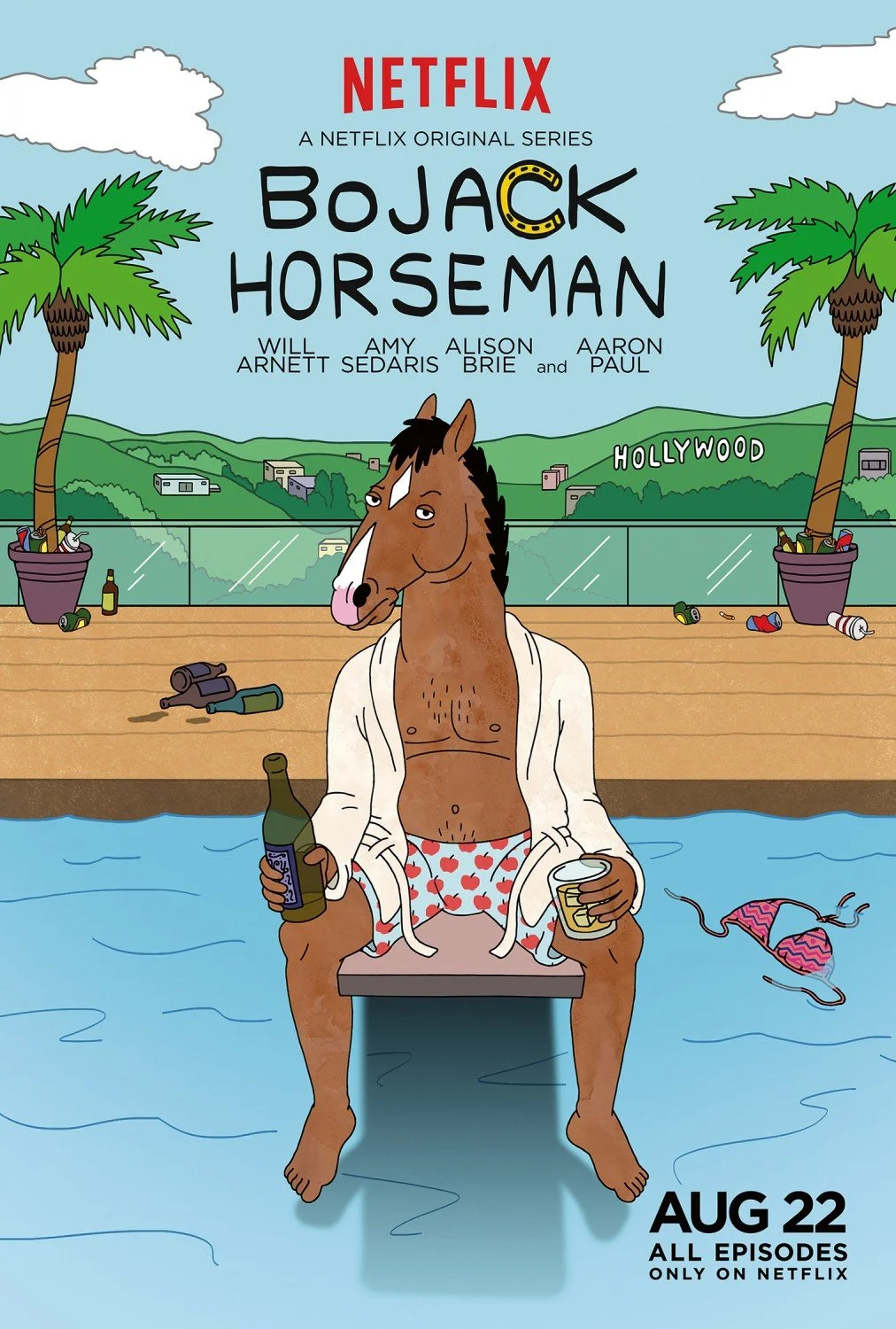 Illustration of BoJack Horseman sitting by a pool, holding a beer and a glass, wearing heart-patterned underwear and an open robe with a cityscape and the Hollywood sign in the background. There are palm trees and spilled trash around.