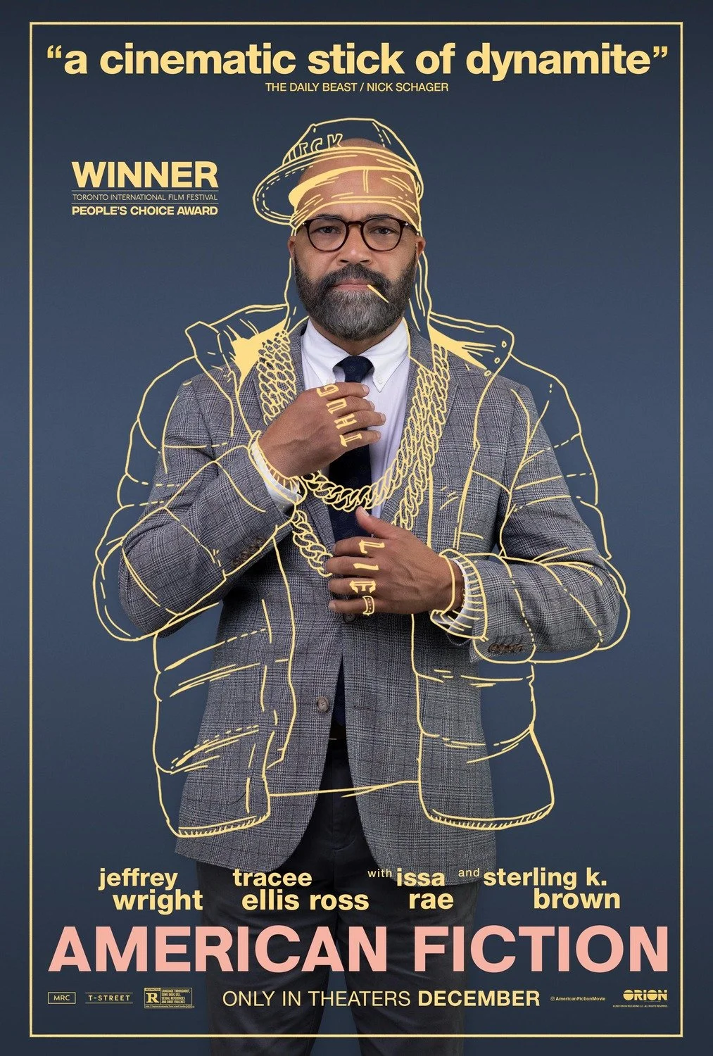 Poster for the film "American Fiction" featuring a man in a suit with glasses, a beard, and a cigarette in his mouth, outlined with yellow lines that resemble a comic book style. The poster has quotes, awards, cast names, and the release date of December.