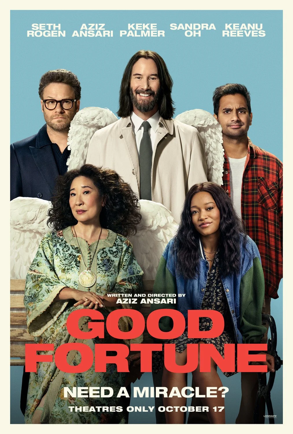 Promotional poster for the movie 'Good Fortune' features six diverse actors, some with angel wings, posing against a light blue background. The title is in large red text, with additional film details below.