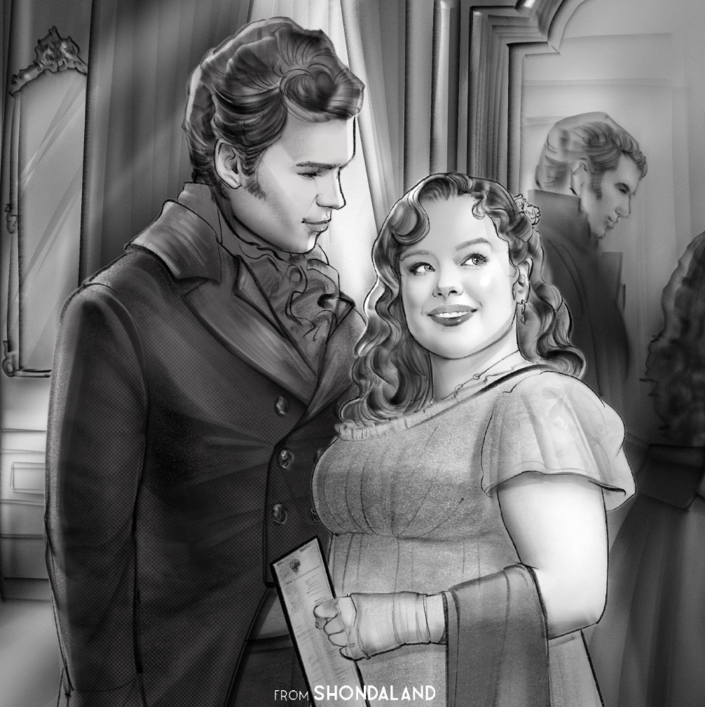A man in a military uniform and a woman in vintage clothing smiling and looking at each other, with a lady in the background in a formal setting.