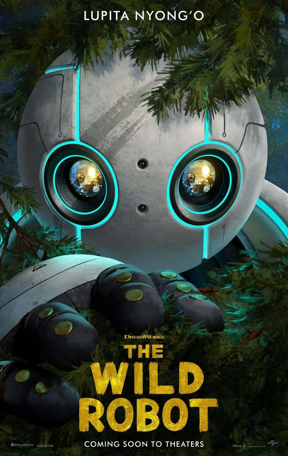 Poster for the movie 'The Wild Robot' featuring a large robot with a round face and glowing blue accents, surrounded by green tree branches.