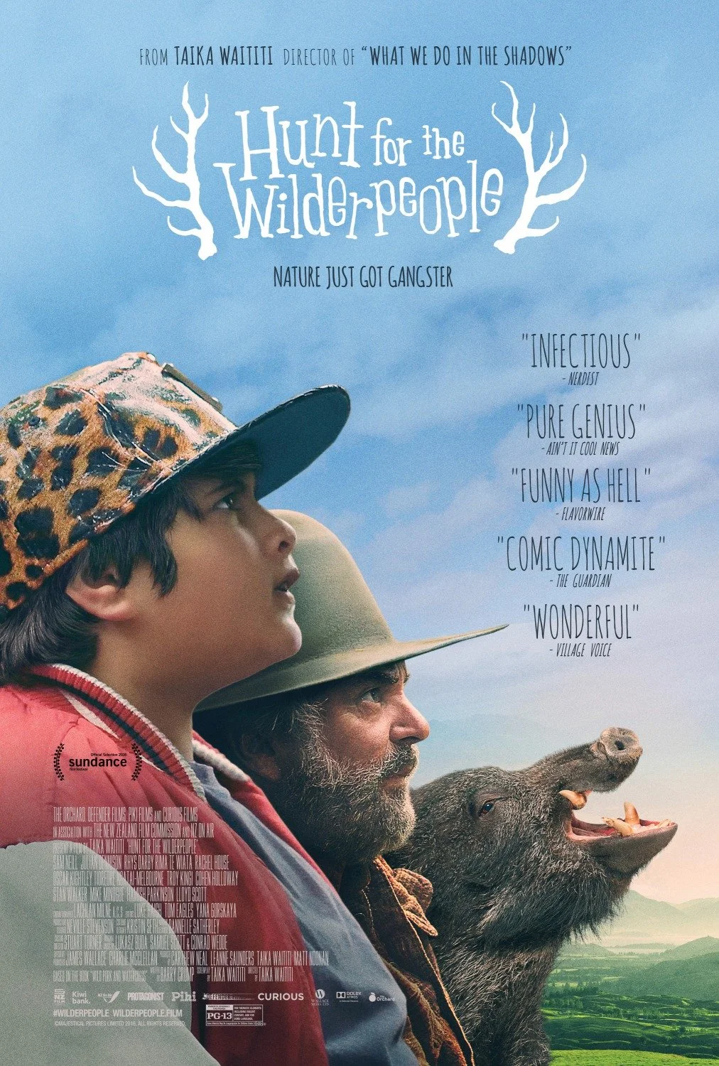 Poster for the film 'Hunt for the Wilderpeople' featuring a young boy wearing a leopard print cap, an older man with a beard wearing a wide-brimmed hat, and a boar with its mouth open, set against a blue sky and green landscape.