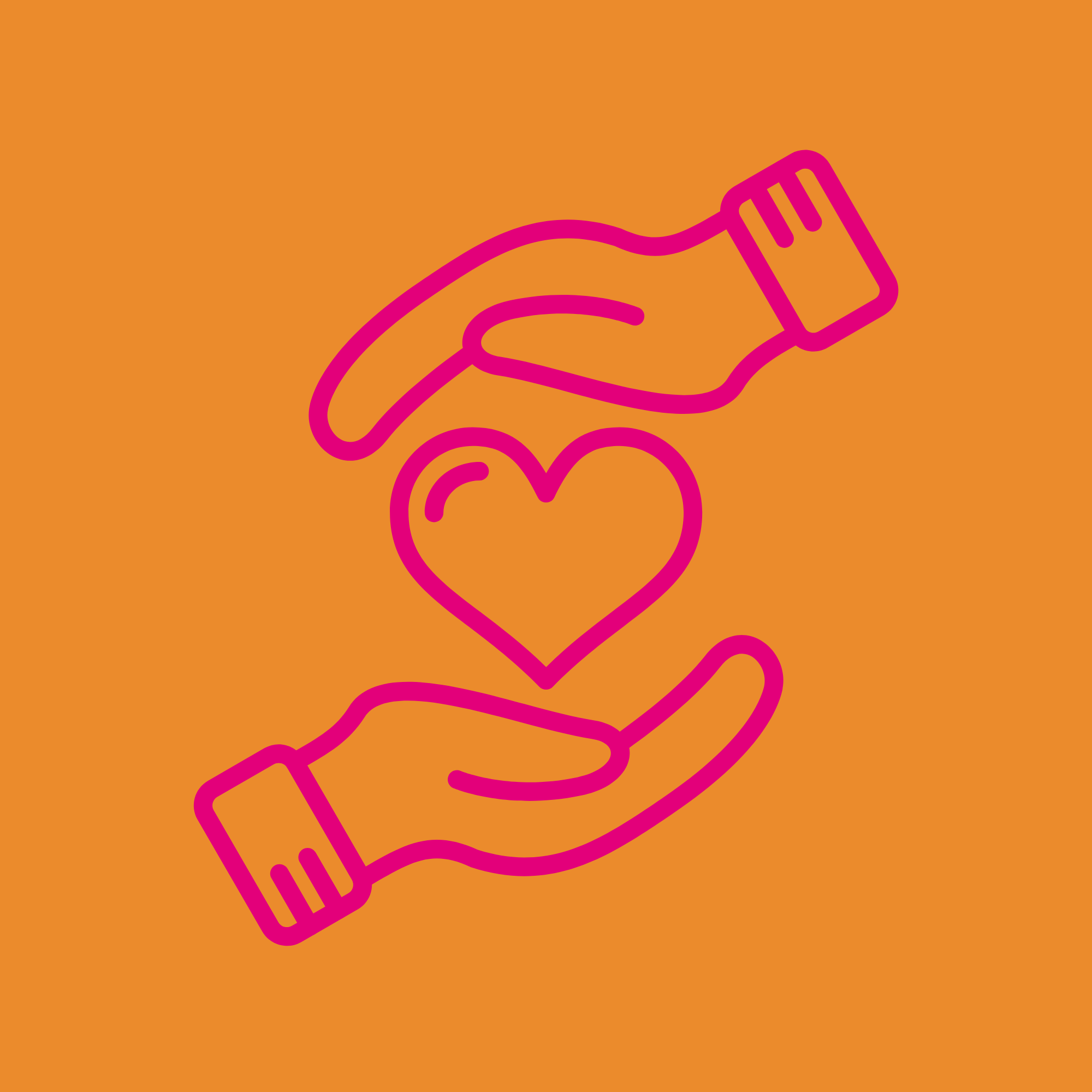 Illustration von zwei Händen in Pink, die eine Herzform zwischen sich halten, auf orangem Hintergrund.