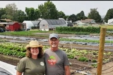 Two people standing in a farm field with rows of plants and greenhouses in the background.