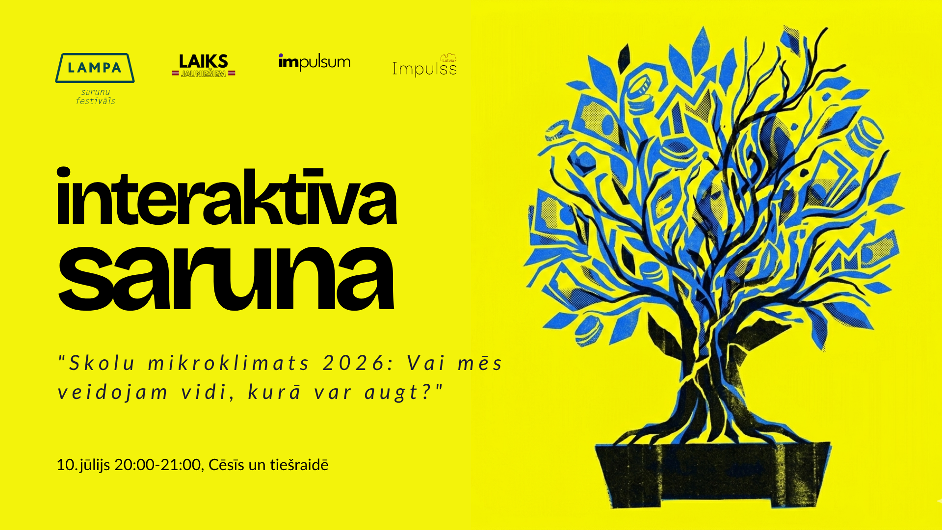 Poster for promoting conversation festival LAMPA 10th-11th July 2026 in Cēsis Latvia