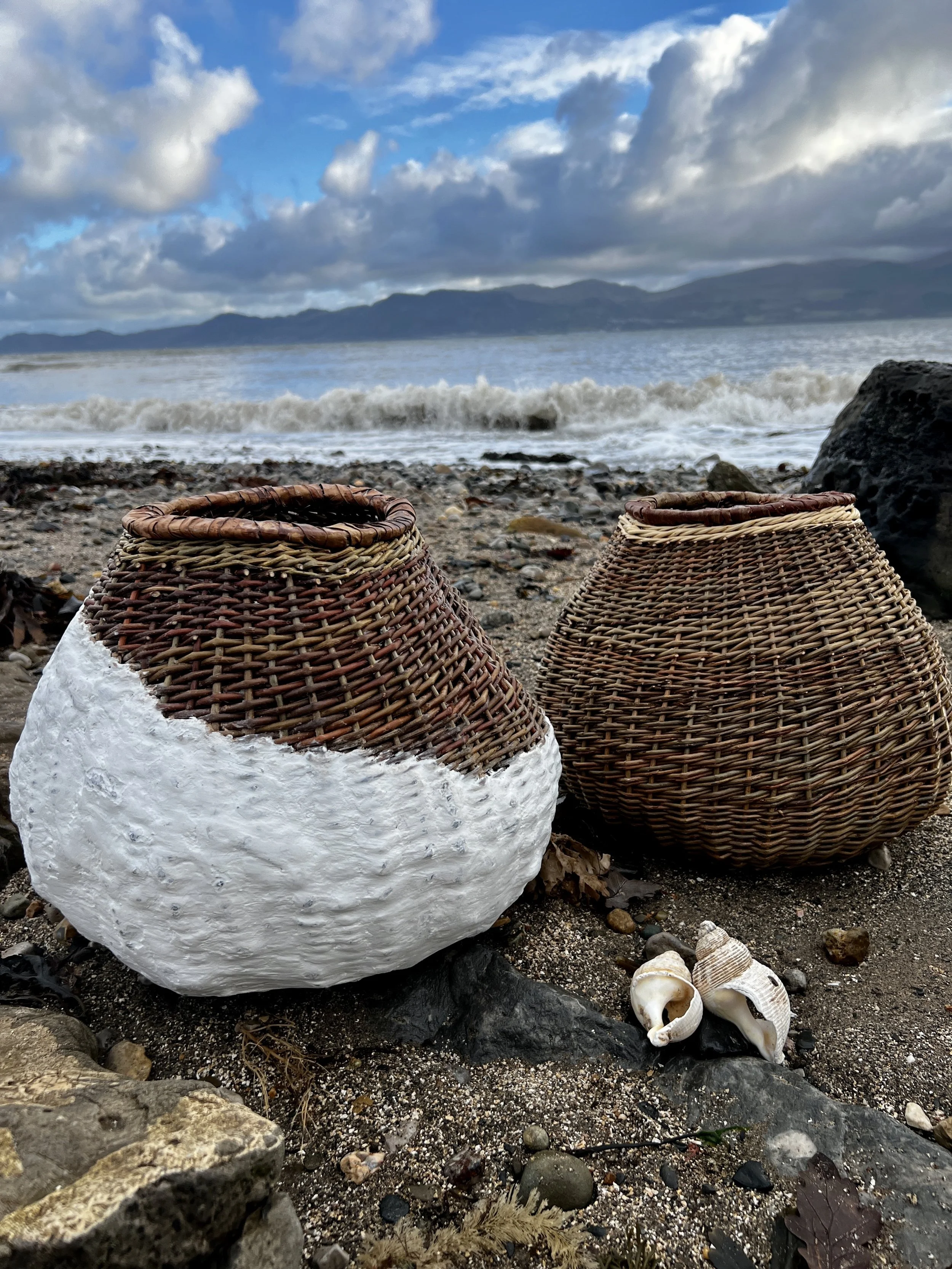 Organic form willow basket - wattle daub & plaster coating 
