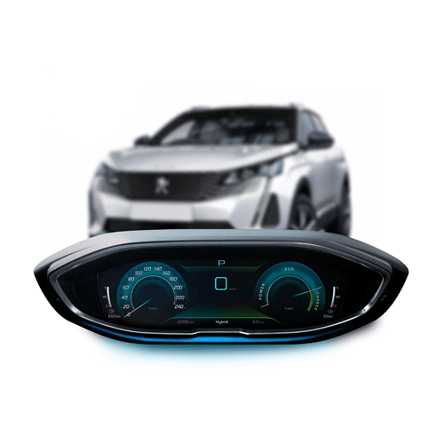 Close-up of a digital car dashboard with a white vehicle in the background.