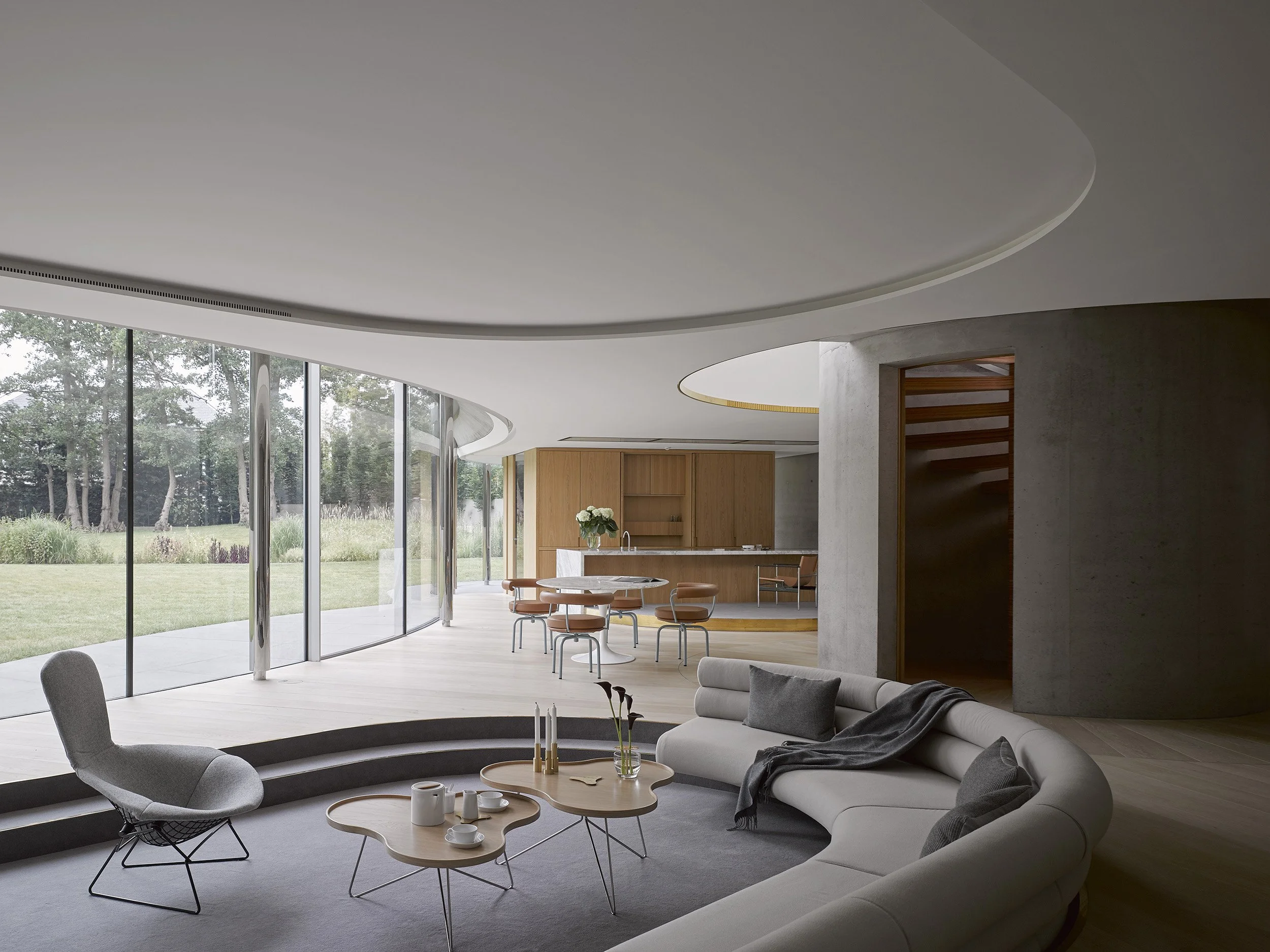 Modern interior with curved furniture, glass walls, and open kitchen.