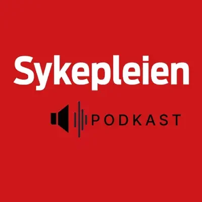 Rød bakgrunn og et ikon av en høyttaler med teksten Sykepleien Podkast