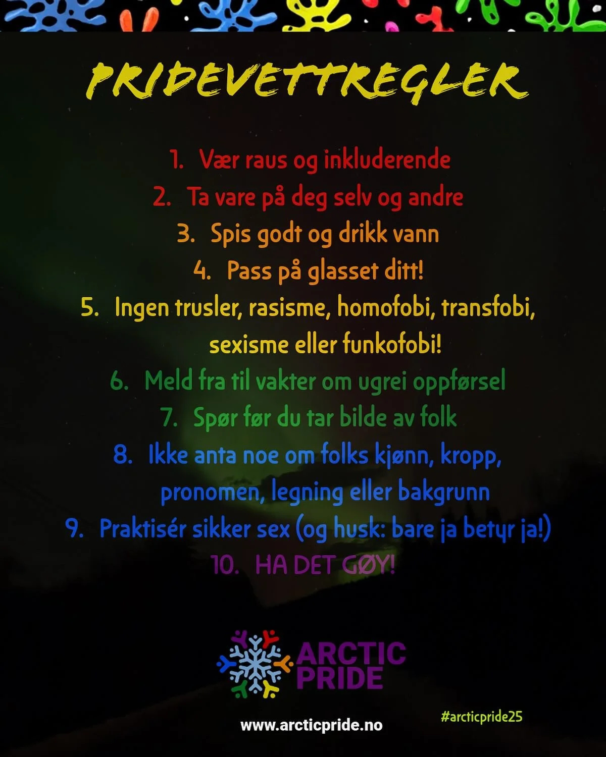 Les gjerne gjennom våre kjøreregler for festivalen. 
Det er enkelt: Vær snill med deg selv og andre 🫶
Vi gleder oss til å se deg!