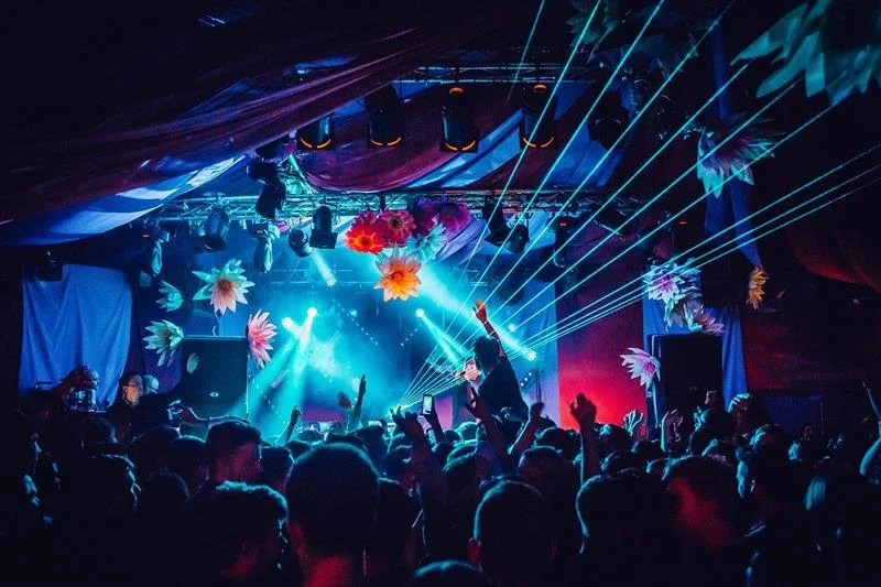 Crowd dancing at a concert with colorful stage lights, laser beams, and hanging flower decorations.