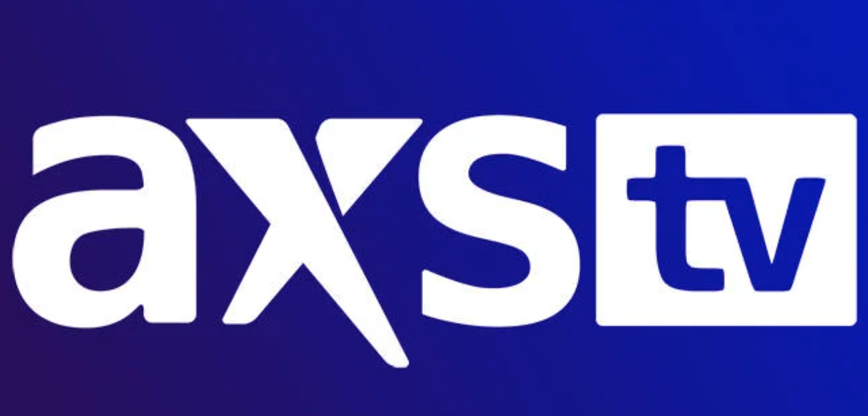 Logos of axs tv in white text on a dark blue gradient background.  AXS network features sports, MMA, Pro Wrrestling and Pro Boxing