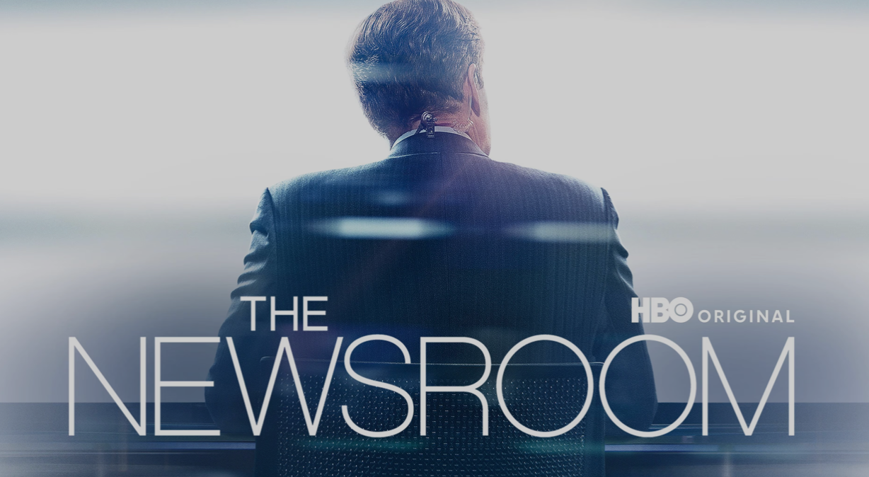 A man seen from behind sitting in a newsroom, with the text 'The Newsroom' and HBO logo overlaid.