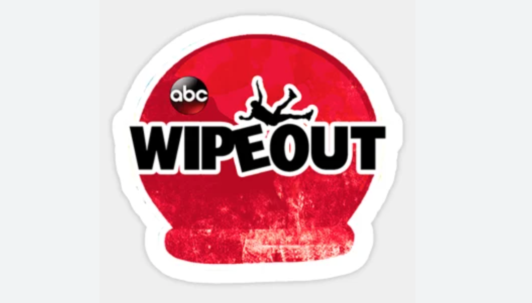 Logo for ABC's Wipeout show featuring a red sphere with a black figure falling and the word Wipeout in bold black letters.