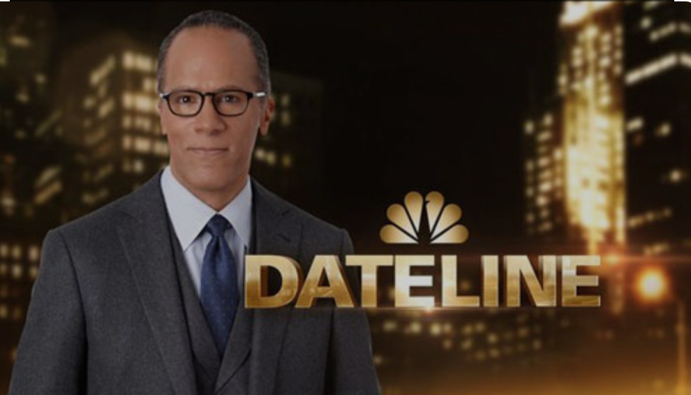 A man in a gray suit and glasses standing in front of a cityscape at night with illuminated buildings. The NBC peacock logo and the word "DATELINE" are prominently displayed in gold letters.