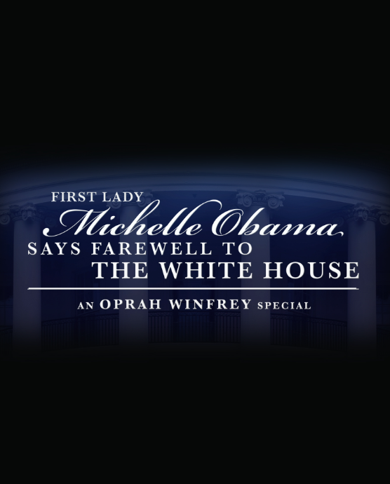 Television screen showing a message from Michelle Obama bidding farewell to the White House, marking her visit as part of Oprah Winfrey's special.
