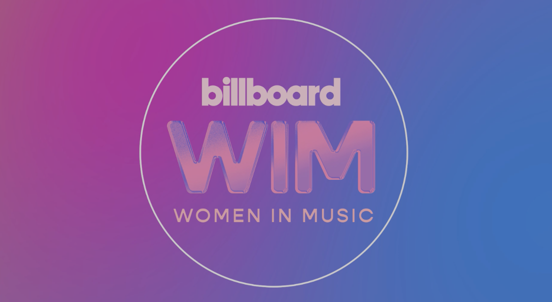 Billboard WIM Women in Music logo on a purple and blue gradient background with a white circle outline.