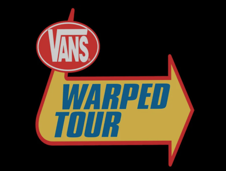 Vans Warped Tour logo with a red Vans sign and a yellow arrow pointing right, on a black background.