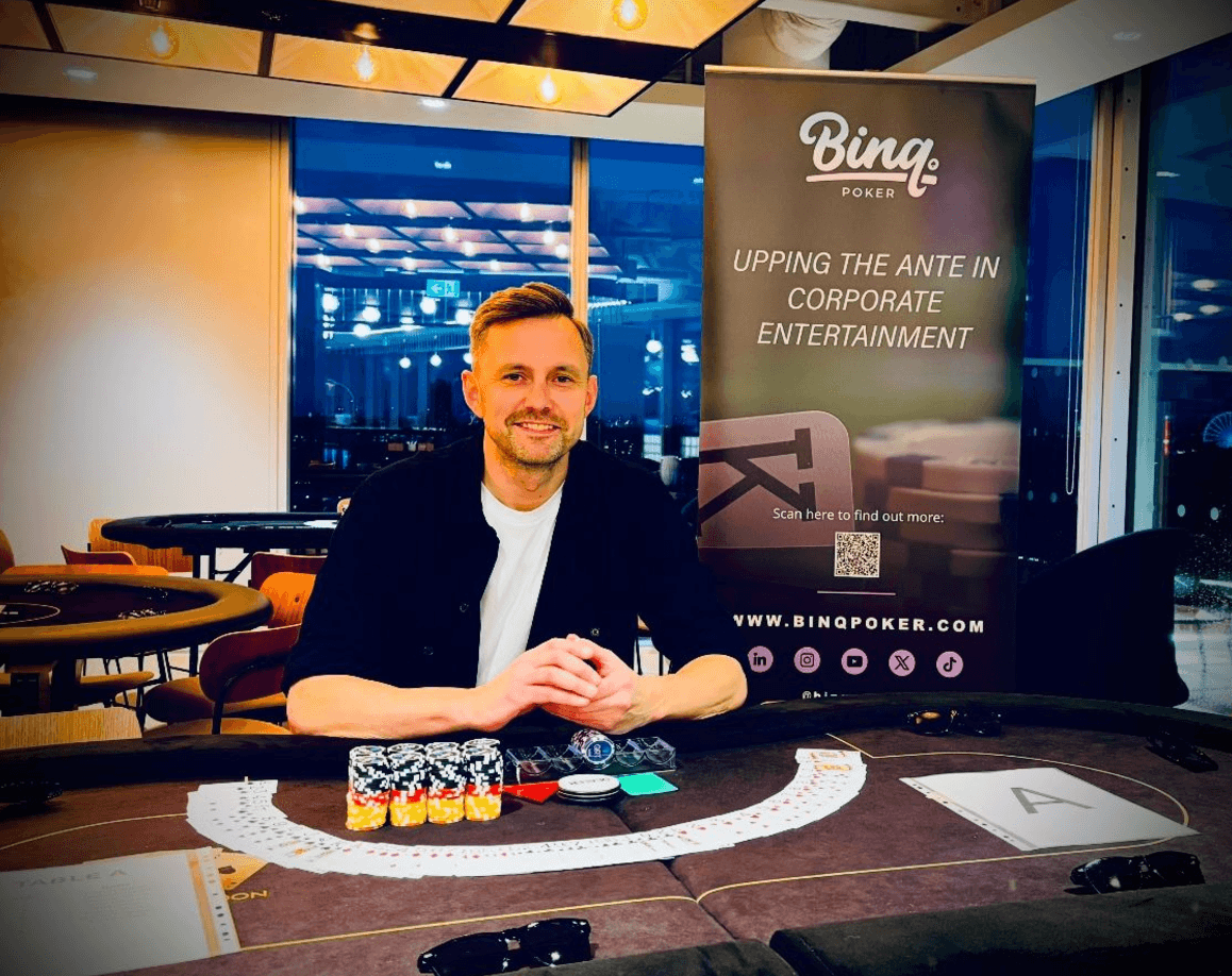 Professional poker tables set up for a corporate team-building event