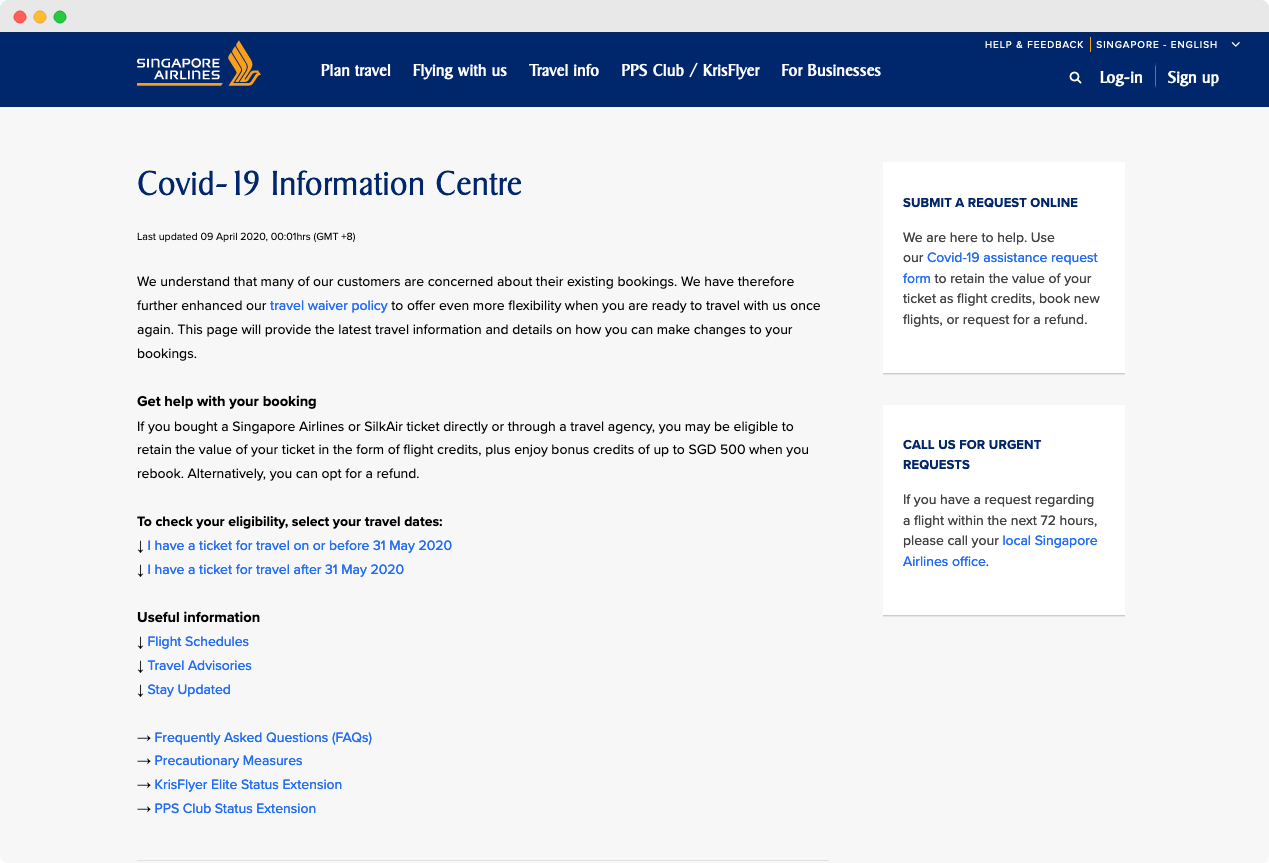 Screenshot of a static page on the Singapore Airlines website titled Covid-19 Information Centre