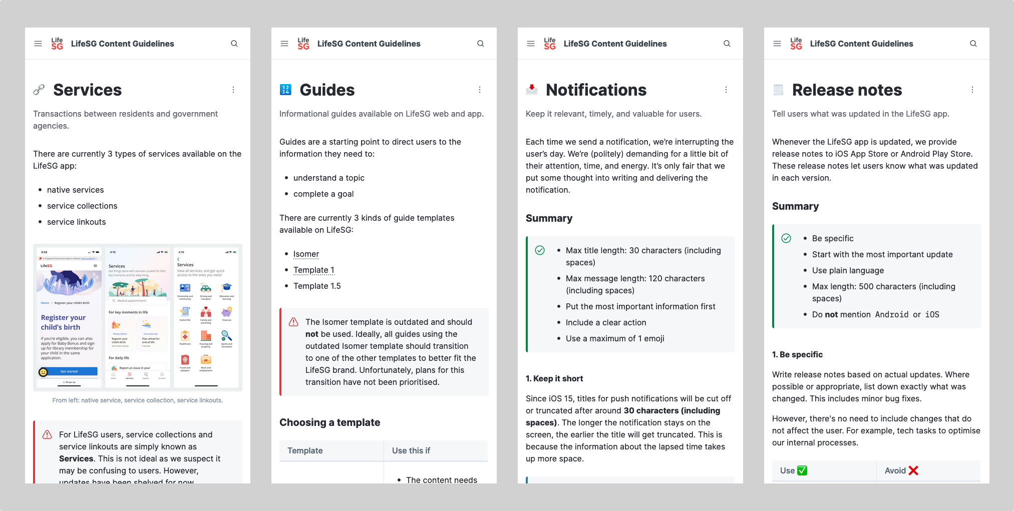 Screenshots of the content types pages, including Services, Guides, Notifications, and Release notes.