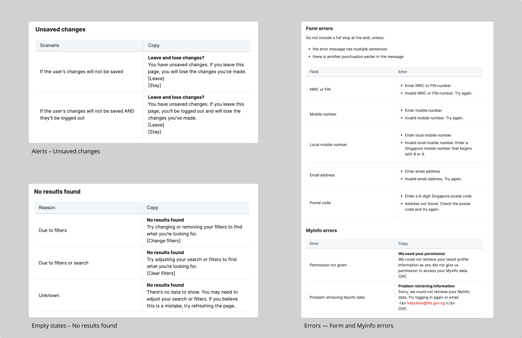 Screenshots of reusable copy in the LifeSG Content Guidelines, including unsaved changes, no results found, form and Myinfo errors.