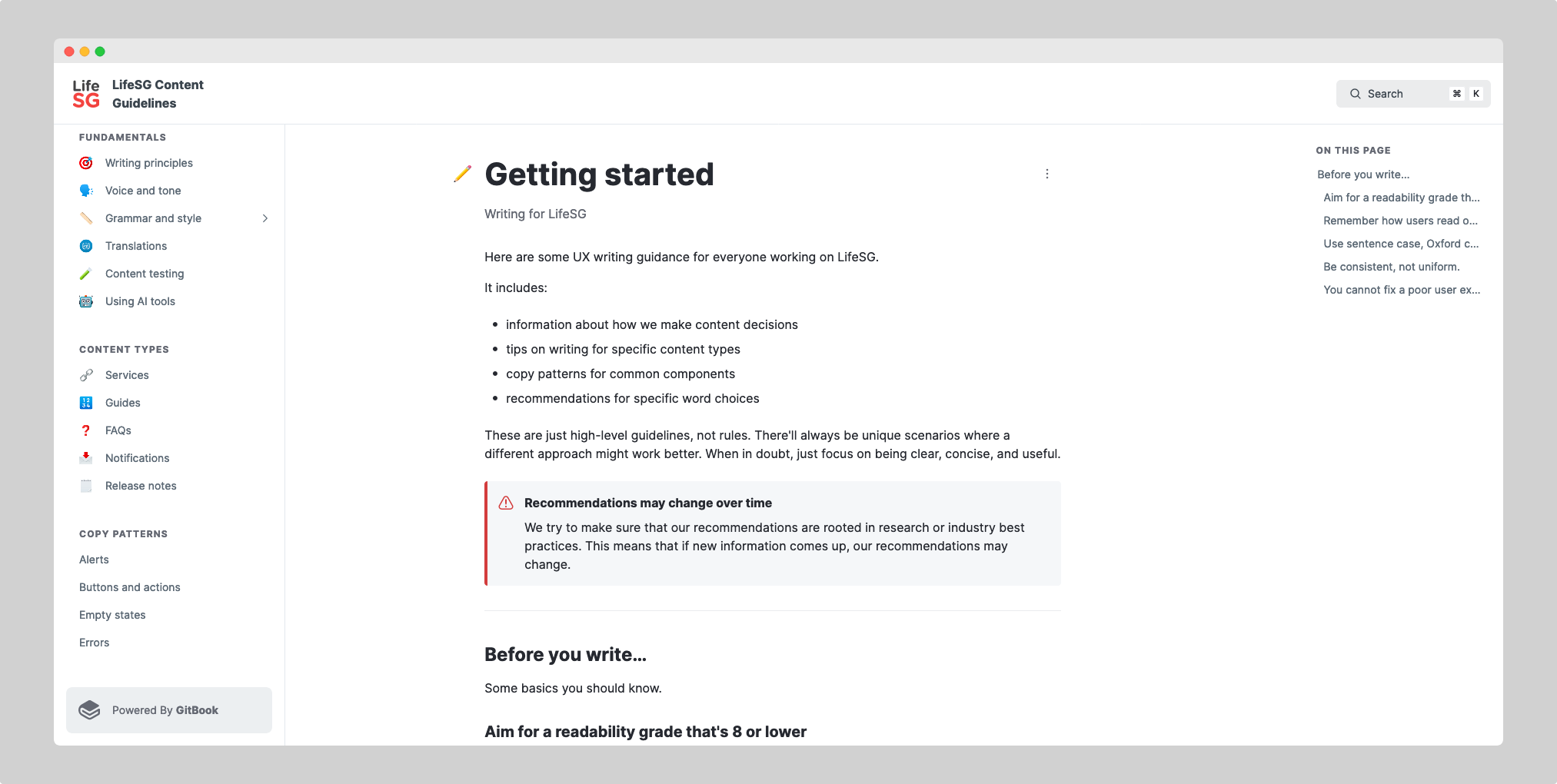 Screenshot of the LifeSG Content Guidelines website, on the getting started page.