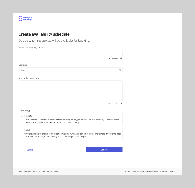 Screenshot of the Create availability schedule page from the revamped Resource Booking System admin portal. It shows a form with the fields: name of availability schedule, agencies, description, and schedule type.