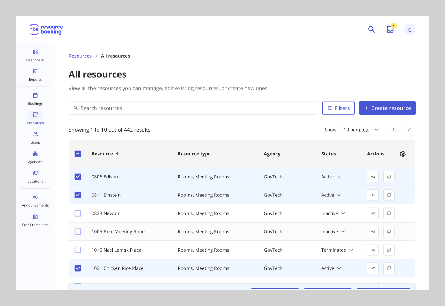 Screenshot of the All resources page from the revamped Resource Booking System admin portal. It shows a table with 5 columns: resource name, resource type, agency, status, and actions.