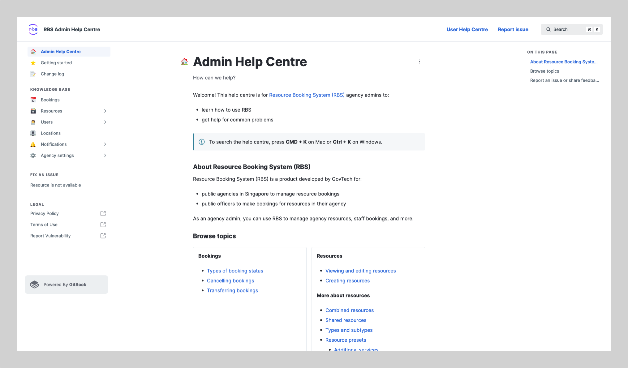 Screenshot of the Admin Help Centre landing page on GitBook. It shows a welcome message, a description about the Resource Booking System, and a section listing the different articles available, grouped by topics.
