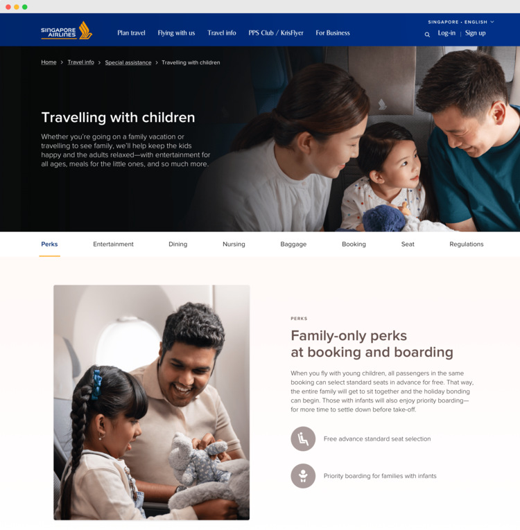 Screenshot of a page titled travelling with children. Sections on the page includes: perks, entertainment, dining, nursing, baggage, booking, seat, regulations.