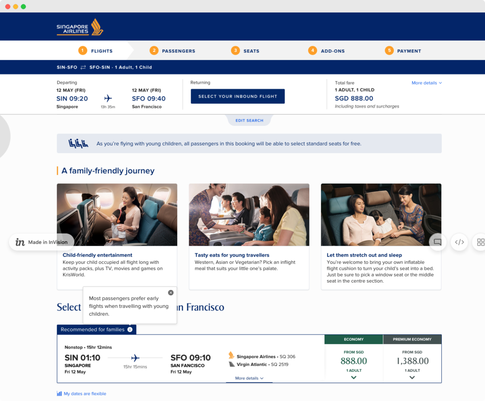 Screenshot of a flight results page for a booking with 1 adult and 1 child. Page includes a section titled A family-friendly journey, with information about child-friendly entertainment, meals, and the use of inflatable flight cushions.