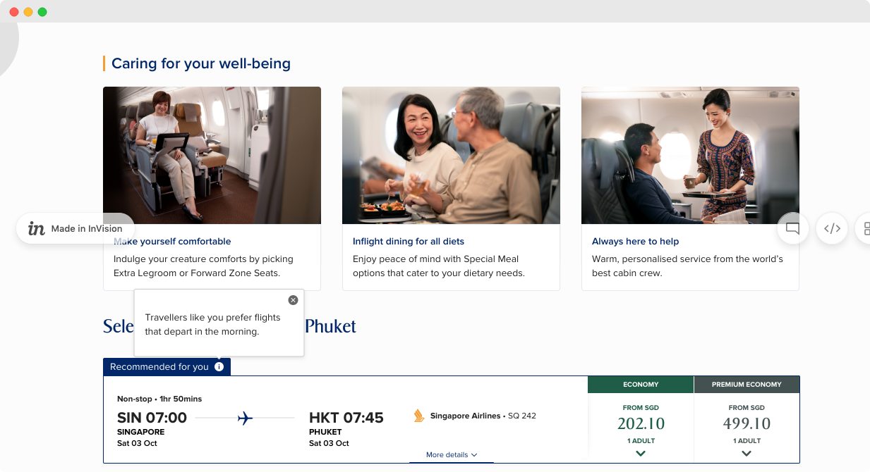 Screenshot of a flight results page for a booking with an elderly traveller. Page includes a section titled caring for your well-being, with information about extra legroom seats, special meal options, and inflight service.